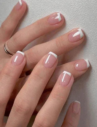 24pcs Short Shiny Coffin Nails - Pink White French Reusable Press On Nails for Women - - Pinky Cosmetics -- United Arab Emirates -- Pinky Cosmetics