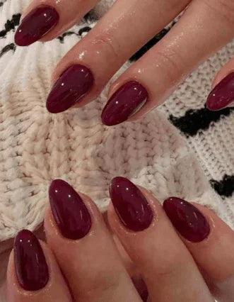 Valentine's False Nails 24pcs Short Almond Shape Solid Burgundy Color with Nail File and Jelly Gel Press On Nail Supplies - - Pinky Cosmetics -- United Arab Emirates -- Pinky Cosmetics