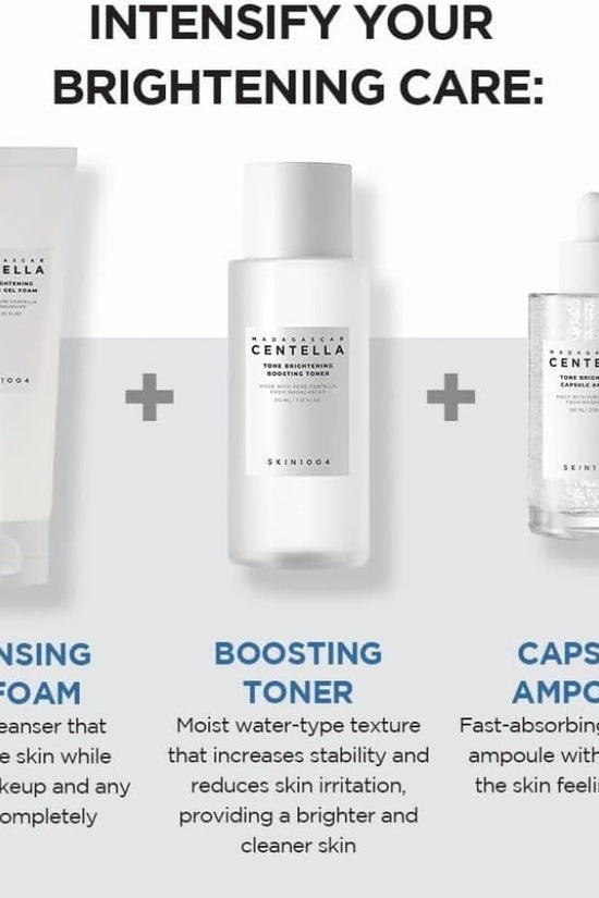 Skin1004 Centella ampoule displayed alongside cleansing gel foam and boosting toner for enhanced skincare routine.