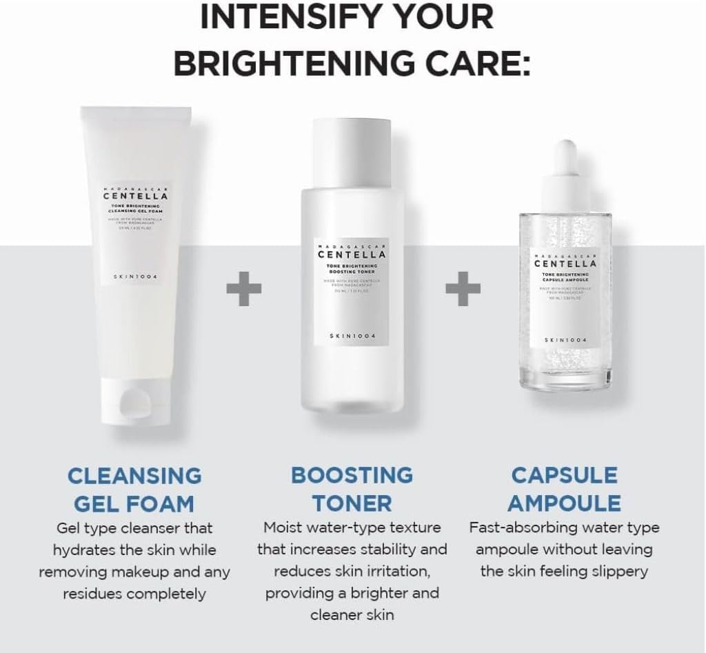 Skin1004 Centella ampoule displayed alongside cleansing gel foam and boosting toner for enhanced skincare routine.