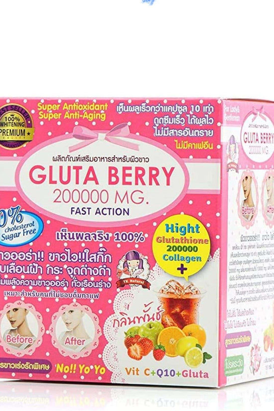 Gluta Berry drink for skin whitening with 200000 mg formula for anti-aging and acne treatment in vibrant pink packaging