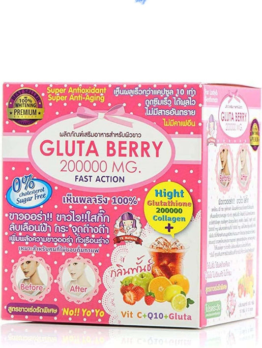 Gluta Berry drink for skin whitening with 200000 mg formula for anti-aging and acne treatment in vibrant pink packaging