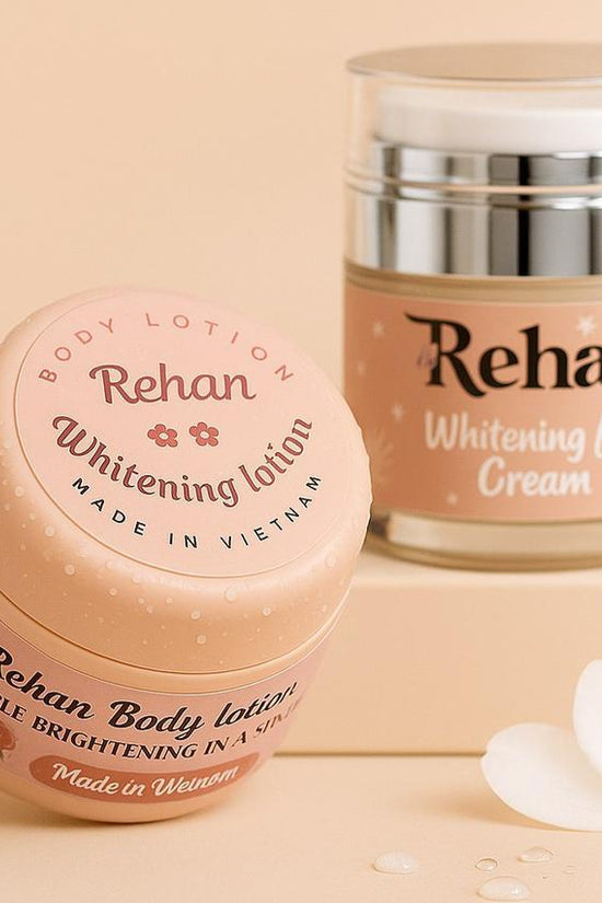 Two jars of Rehan whitening products on a beige background