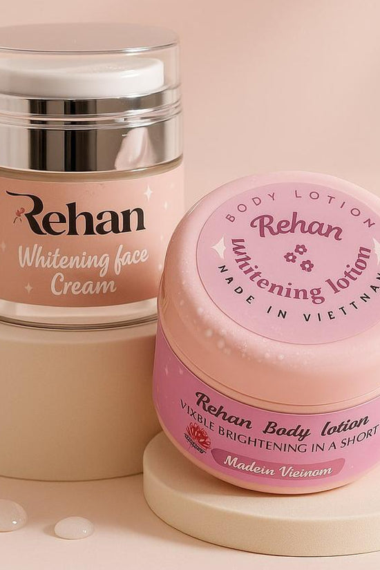 Two jars of Rehan skincare products on a light pink background
