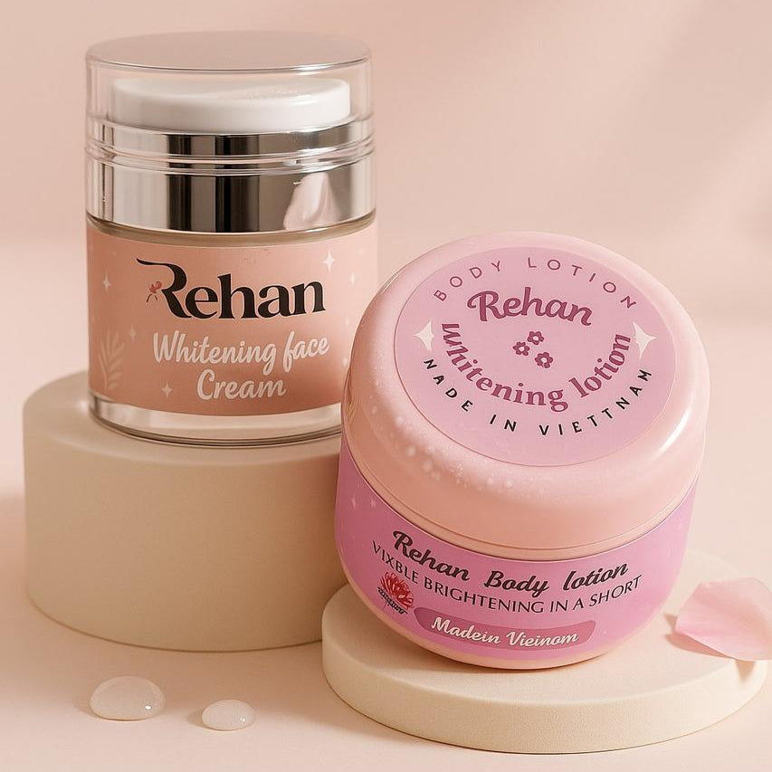 Two jars of Rehan skincare products on a light pink background