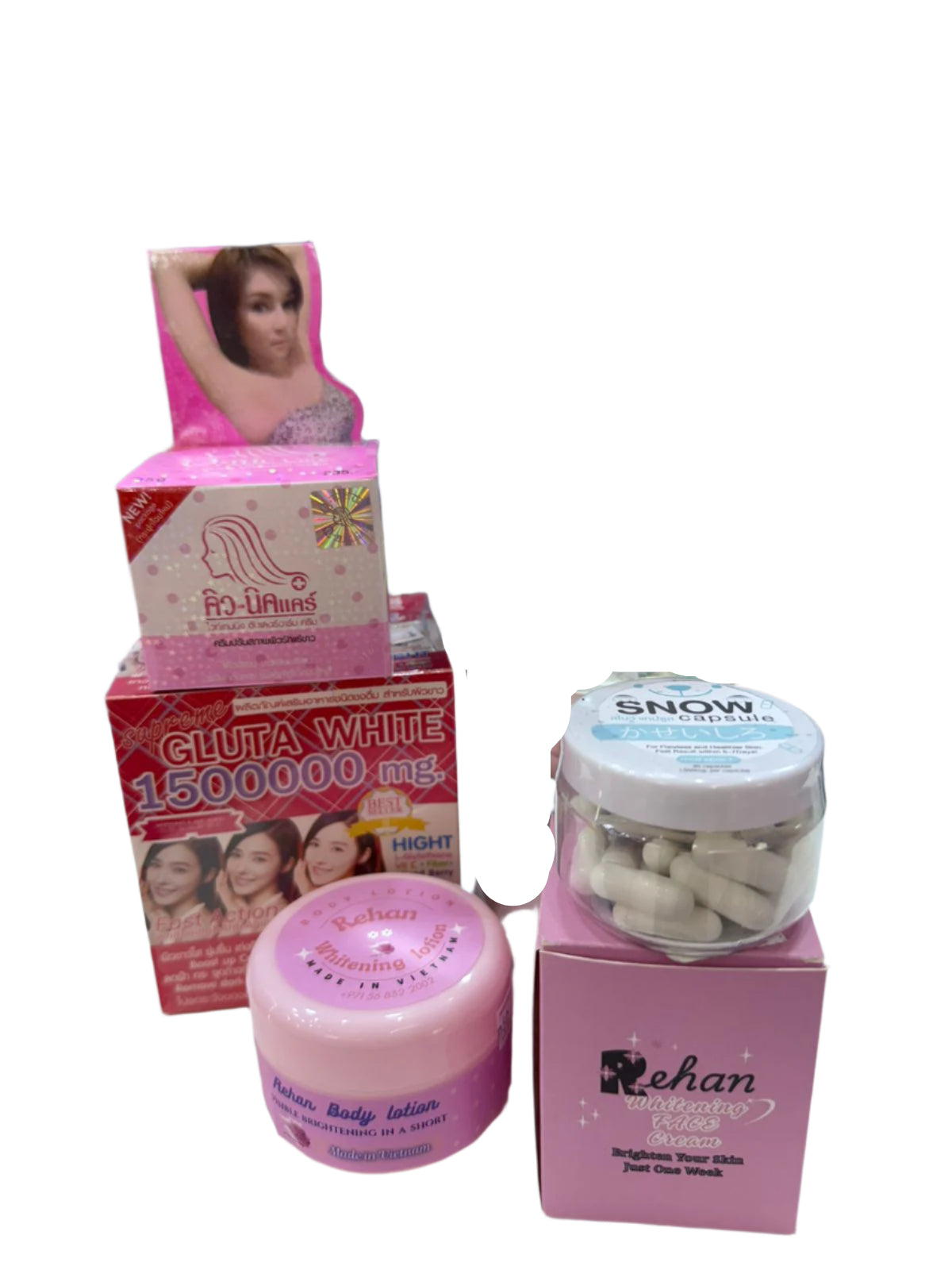Collection of beauty and skincare products on a table with a blurred background