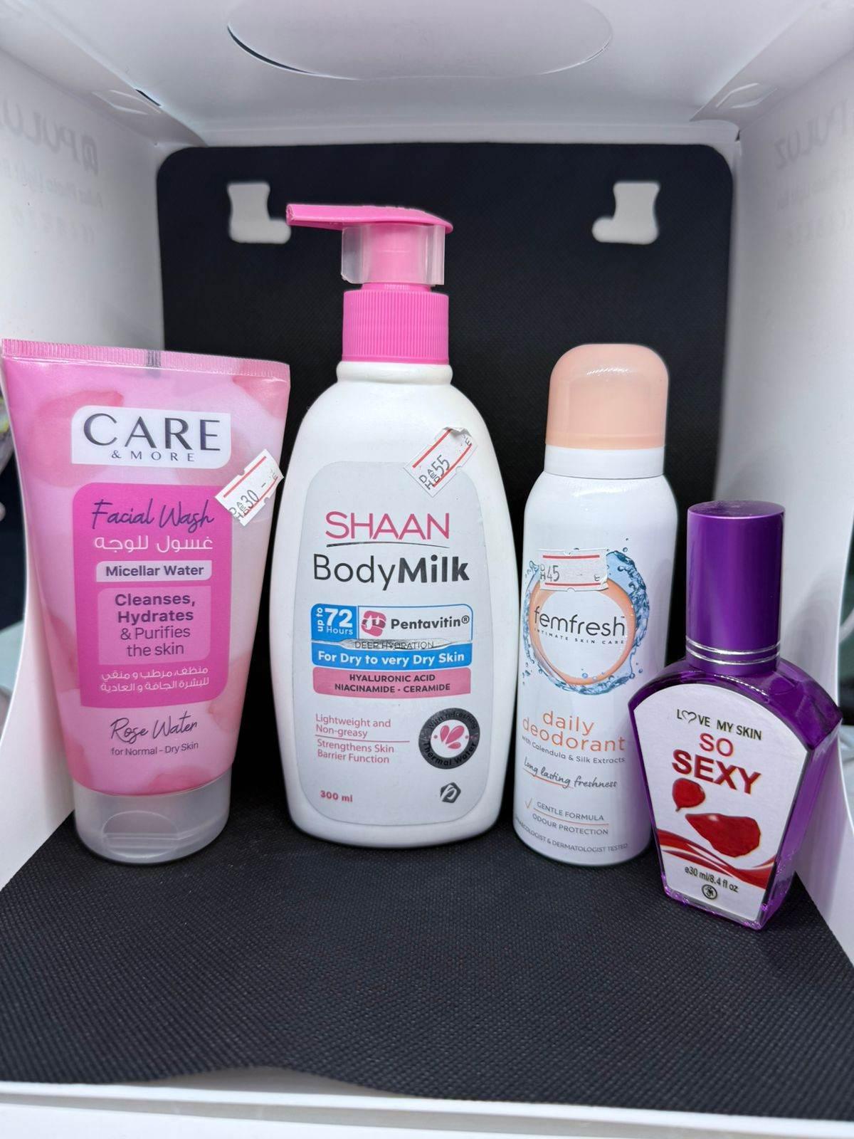 Feminine Care Set – Rose Wash + Body Milk + Deodorant + Perfume - Feminine Hygiene & Skincare Set - Care & More, Shaan, Femfresh, Love My Skin -- United Arab Emirates -- Pinky Cosmetics