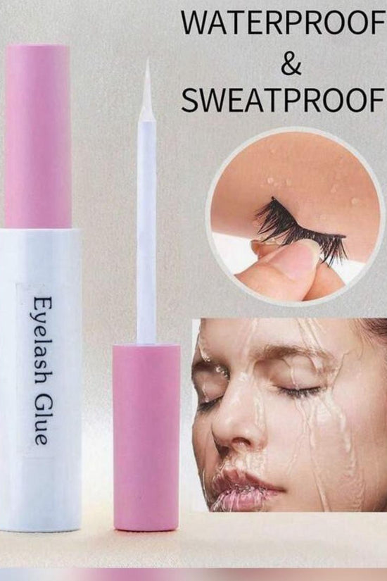 Eyelash glue with pink cap and white body, labeled 'Waterproof & Sweatproof