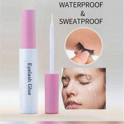 Eyelash glue with pink cap and white body, labeled 'Waterproof & Sweatproof