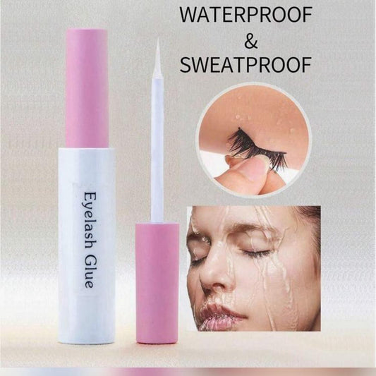 Eyelash glue with pink cap and white body, labeled 'Waterproof & Sweatproof