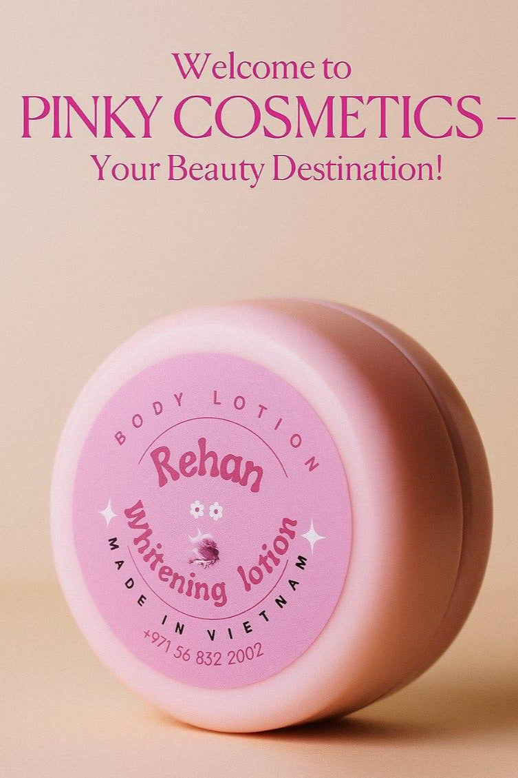 Pink body lotion jar with 'Rehan' branding on a beige background, featuring text about Pinky Cosmetics.