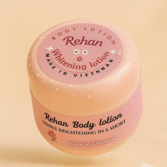 Jar of Rehan body lotion on a beige background