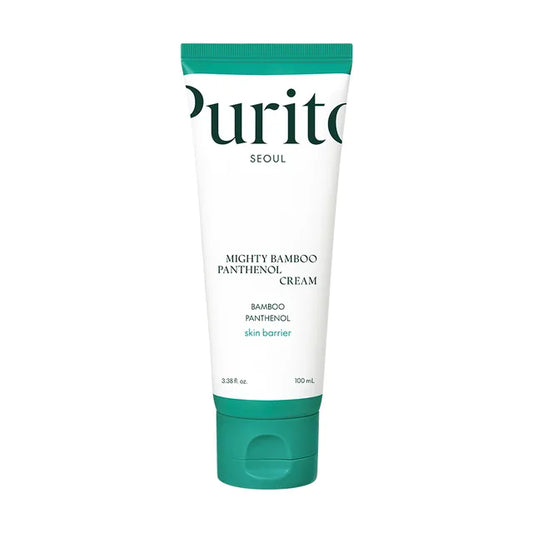 Purito SEOUL Mighty Bamboo Panthenol Cream tube with a green lid for hydration and skin barrier repair, ideal for refreshing skin.