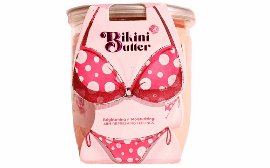 Pinky Cosmetics Bikini Butter moisturizer in a jar with pink polka dot bikini design for brightening and moisturizing