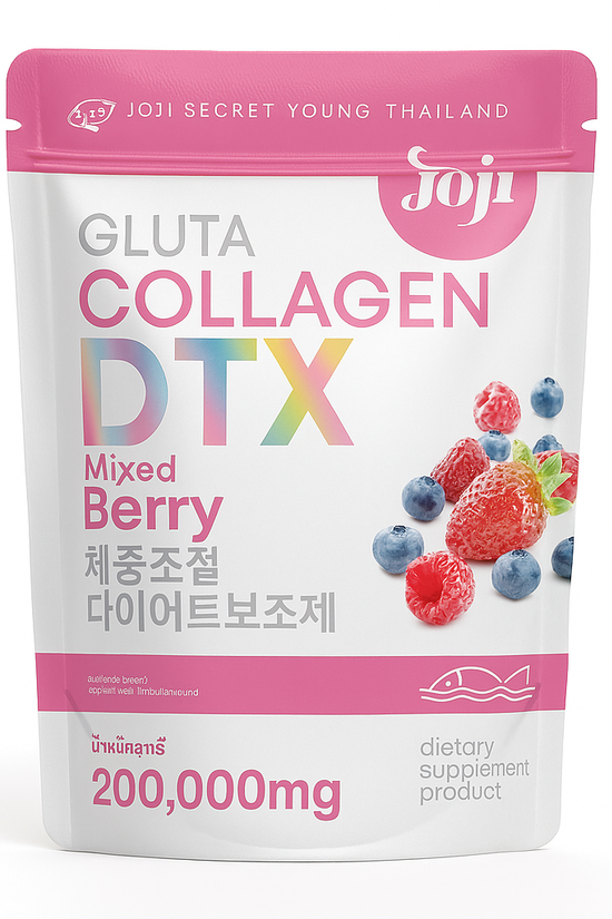 Package of Gluta Collagen DTX Mixed Berry dietary supplement with pink and white design.