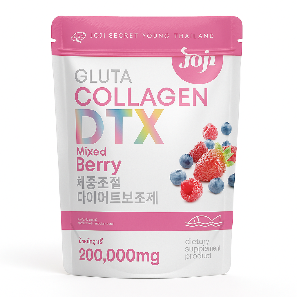 Package of Gluta Collagen DTX Mixed Berry dietary supplement with pink and white design.