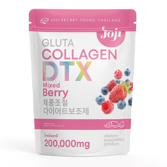 Package of Gluta Collagen DTX Mixed Berry dietary supplement with pink and white design.