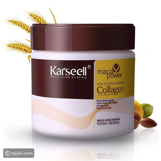 Karseell maca power collagen product jar with maca roots and almonds on a white background