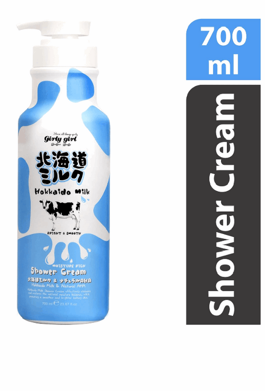 Pinky Cosmetics moisturizing shower cream in blue and white bottle with cow design, 700 ml size
