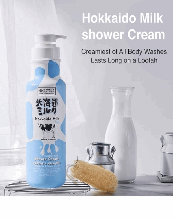 Hokkaido Milk moisturizing shower cream in a blue bottle with pump dispenser for a creamy all-body wash