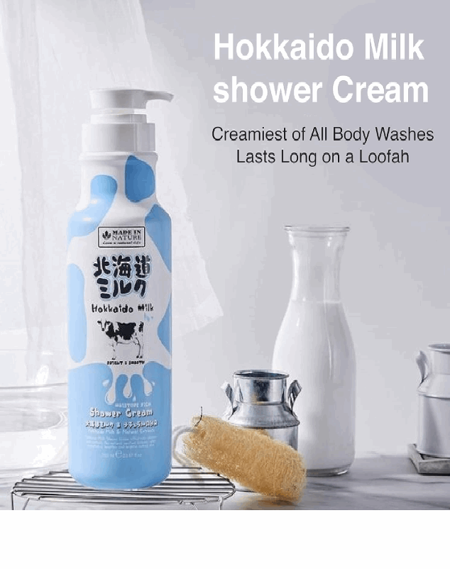 Hokkaido Milk moisturizing shower cream in a blue bottle with pump dispenser for a creamy all-body wash