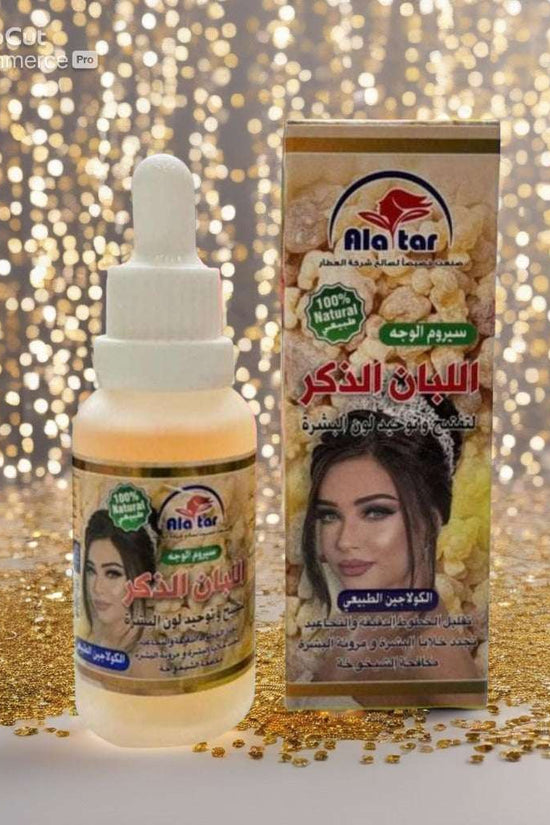 Ala Tar Frankincense Face Serum in a clear dropper bottle, designed for natural collagen boosting and skin rejuvenation