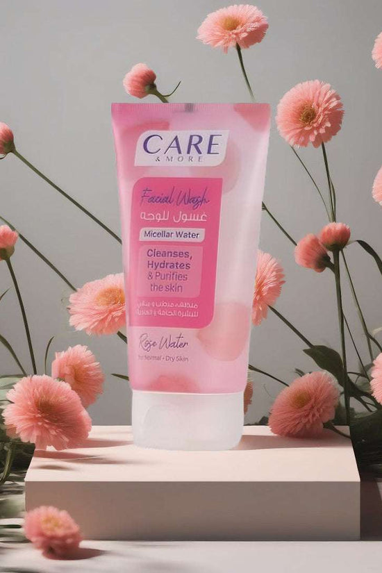 CAREMORE Rose Water Facial Wash for dry and normal skin in pink tube with floral background, perfect hydrating facial cleanser for normal skin