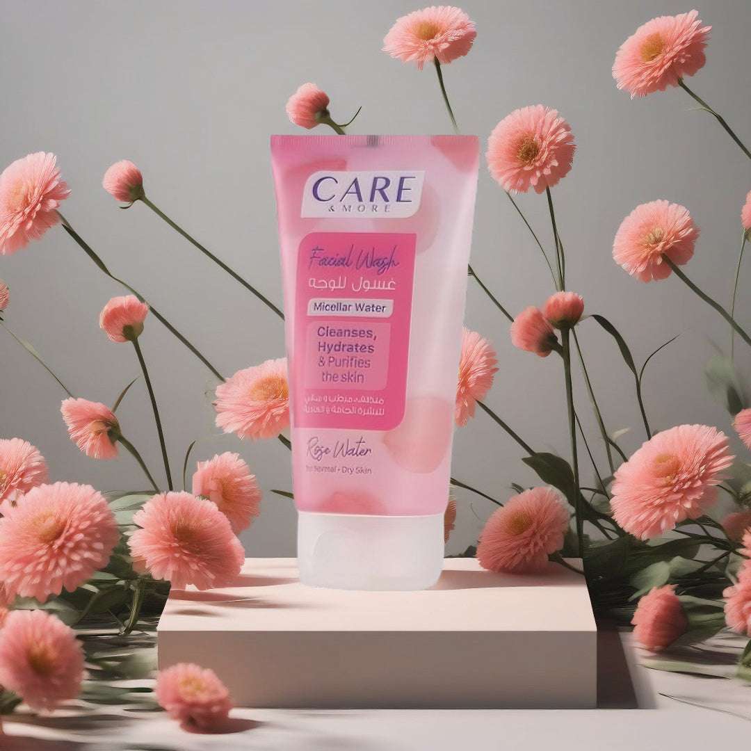 CAREMORE Rose Water Facial Wash for dry and normal skin in pink tube with floral background, perfect hydrating facial cleanser for normal skin