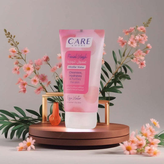 CAREMORE Rose Water Facial Wash in a pink tube, a hydrating facial cleanser for normal skin, surrounded by flowers and leaves