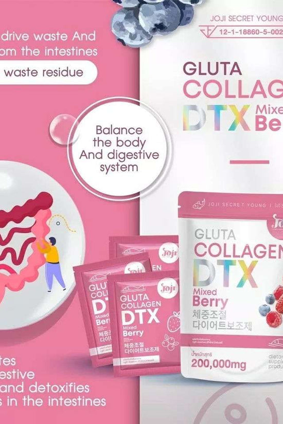 GLUTA COLLAGEN DTX Mixed Berry detox supplement packaging with benefits for digestive health