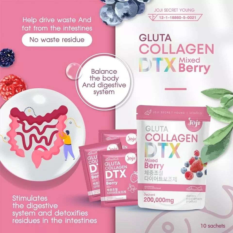 GLUTA COLLAGEN DTX Mixed Berry detox supplement packaging with benefits for digestive health