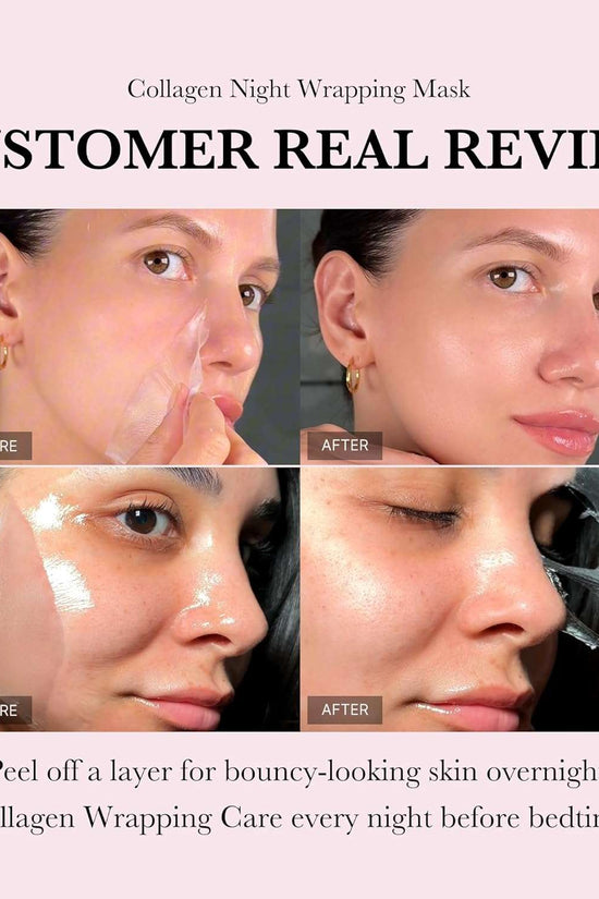 Before and after customer review of Medicube collagen peel off mask for bouncy-looking skin overnight