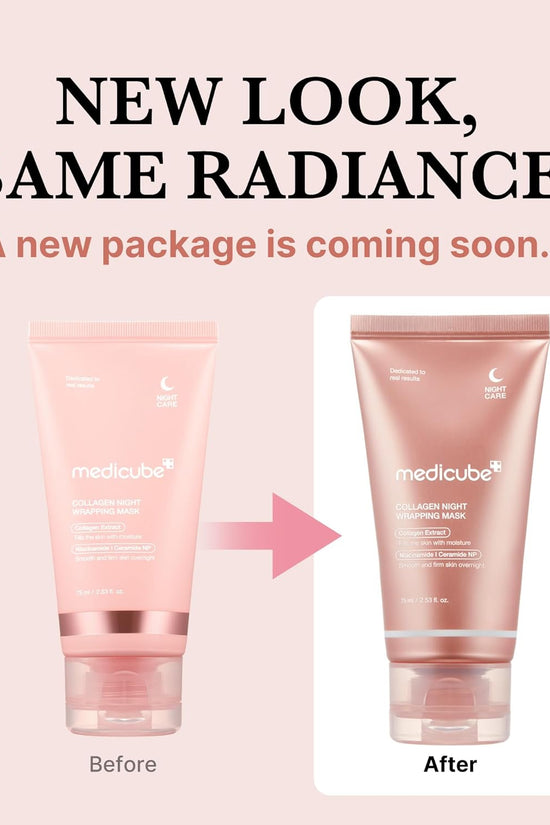 Medicube collagen peel off mask in new packaging, showcasing before and after designs