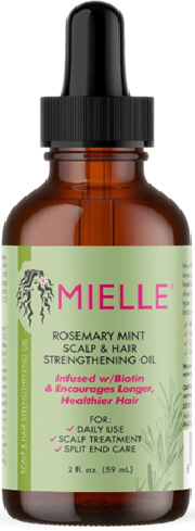 Mielle Rosemary Mint Scalp Oil in a brown glass bottle for daily use and split end care