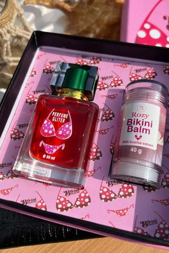 Pinky Cosmetics gift set featuring Rozy Bikini Balm with licorice extract and sparkling perfume for a luxurious glow