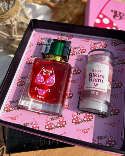 Pinky Cosmetics gift set featuring Rozy Bikini Balm with licorice extract and sparkling perfume for a luxurious glow