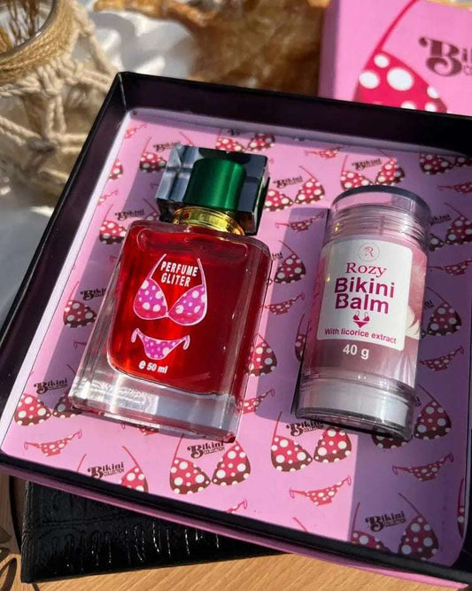 Pinky Cosmetics gift set featuring Rozy Bikini Balm with licorice extract and sparkling perfume for a luxurious glow
