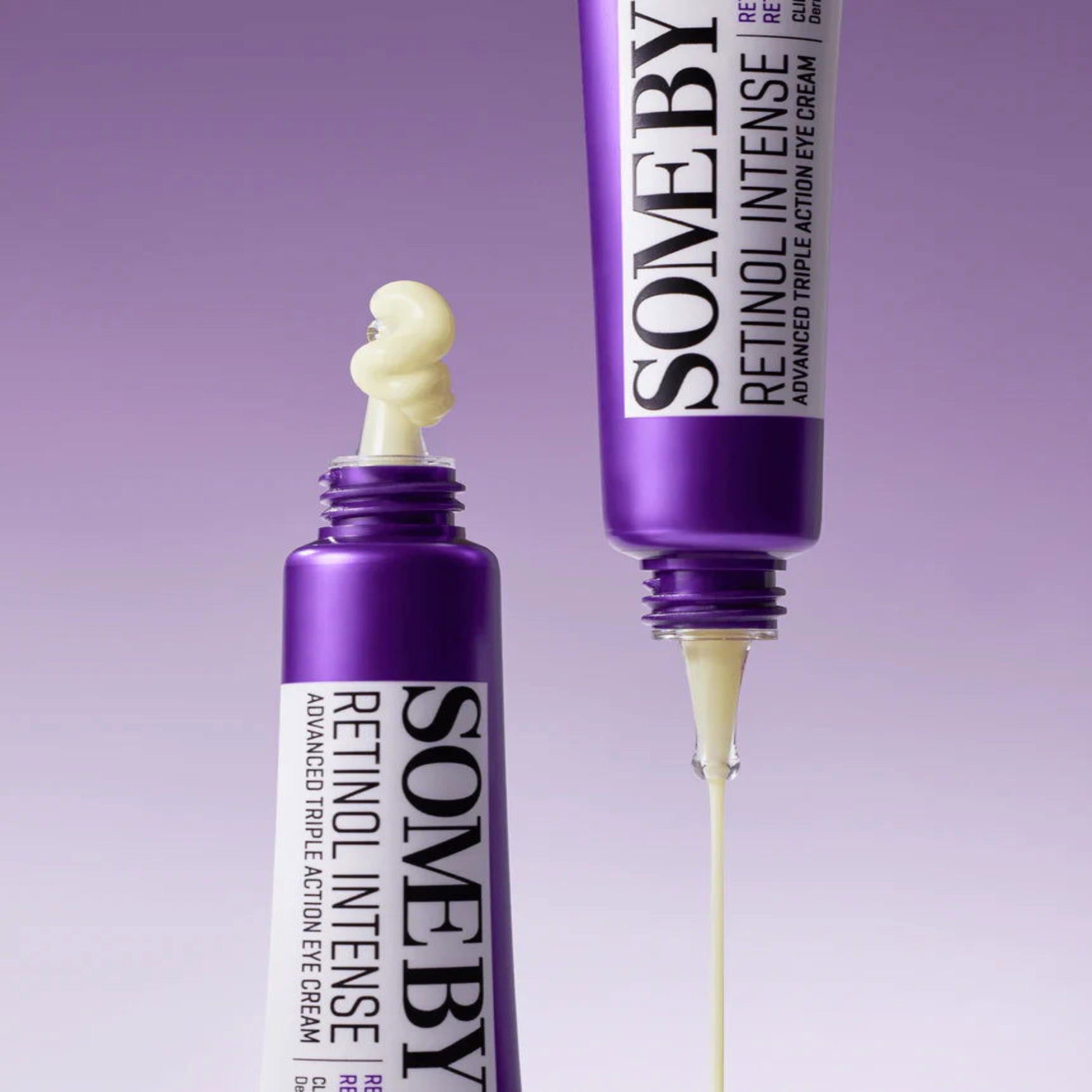 Advanced retinol eye cream for dark circles in a tube with a creamy texture and purple packaging