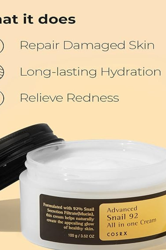 Advanced Snail 92 cream in a jar, promoting hydration and skin repair with soothing benefits