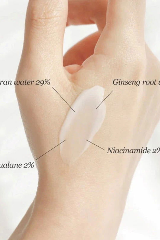 Beauty of Joseon cream applied on hand showing key ingredients of Rice bran water and Ginseng for skincare.