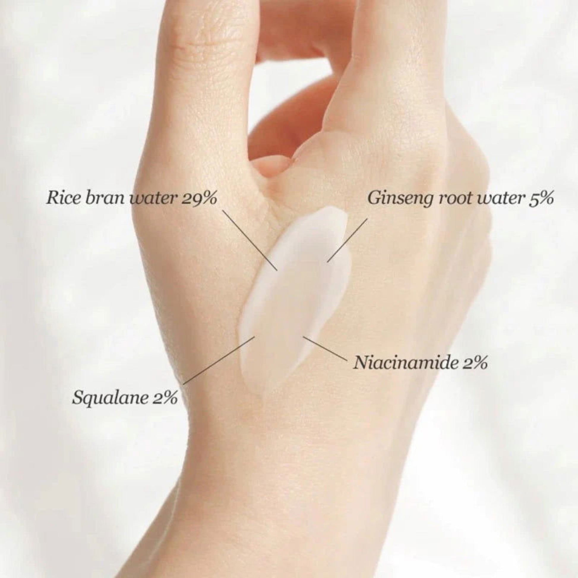 Beauty of Joseon cream applied on hand showing key ingredients of Rice bran water and Ginseng for skincare.