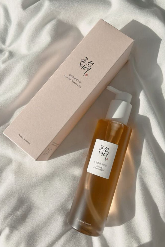Beauty of Joseon ginseng cleansing oil in a glass bottle with a pump dispenser and elegant packaging