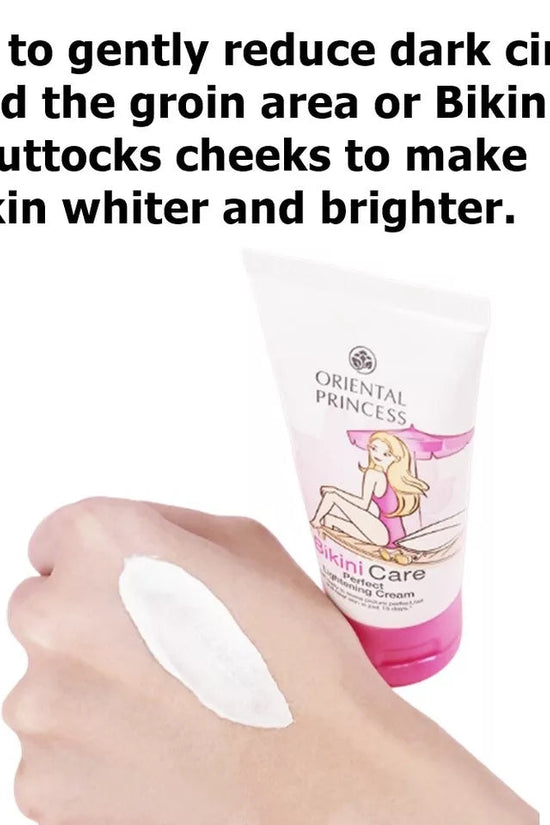 Bikini lightening cream in a tube with a hand applying it, promoting brighter skin in sensitive areas