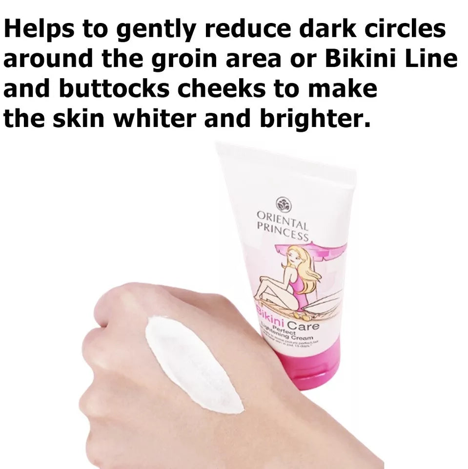 Bikini lightening cream in a tube with a hand applying it, promoting brighter skin in sensitive areas