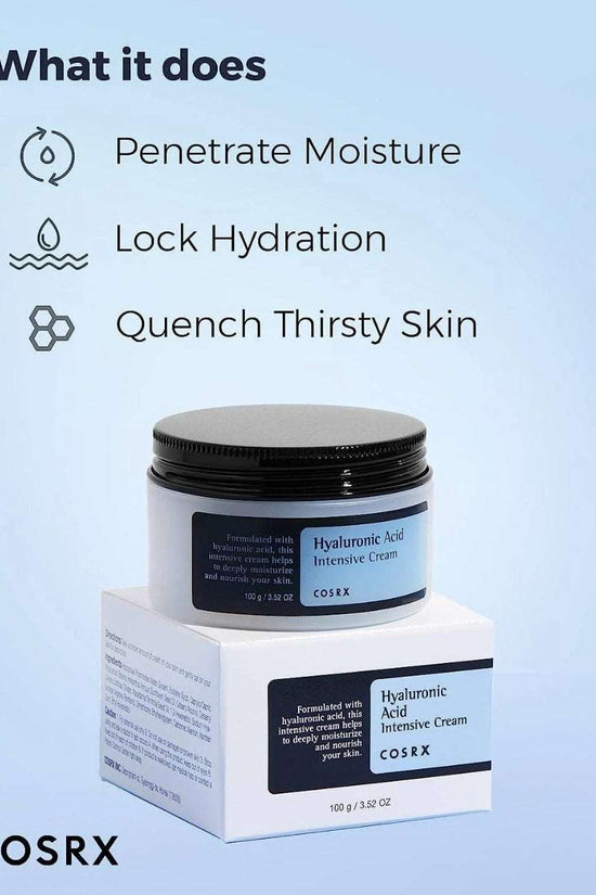 COSRX Hyaluronic Acid Cream in 100g jar providing intense hydration and moisture for dry skin