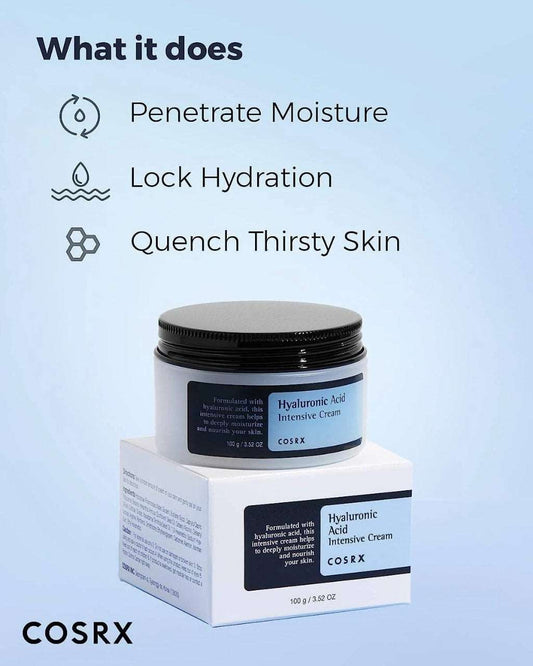 COSRX Hyaluronic Acid Cream in 100g jar providing intense hydration and moisture for dry skin
