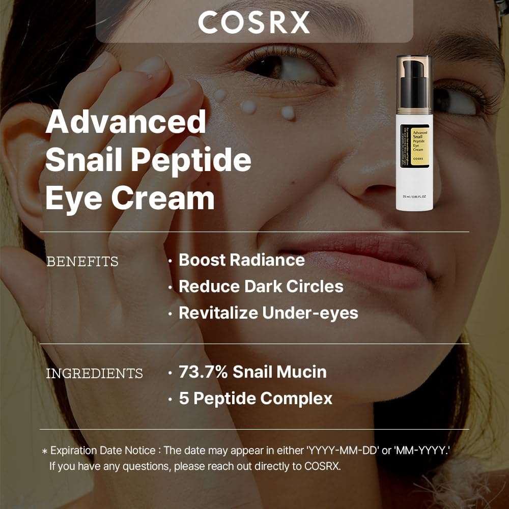 COSRX Snail Eye Cream for dark circles with 73.7% snail mucin for brightening and fine line reduction