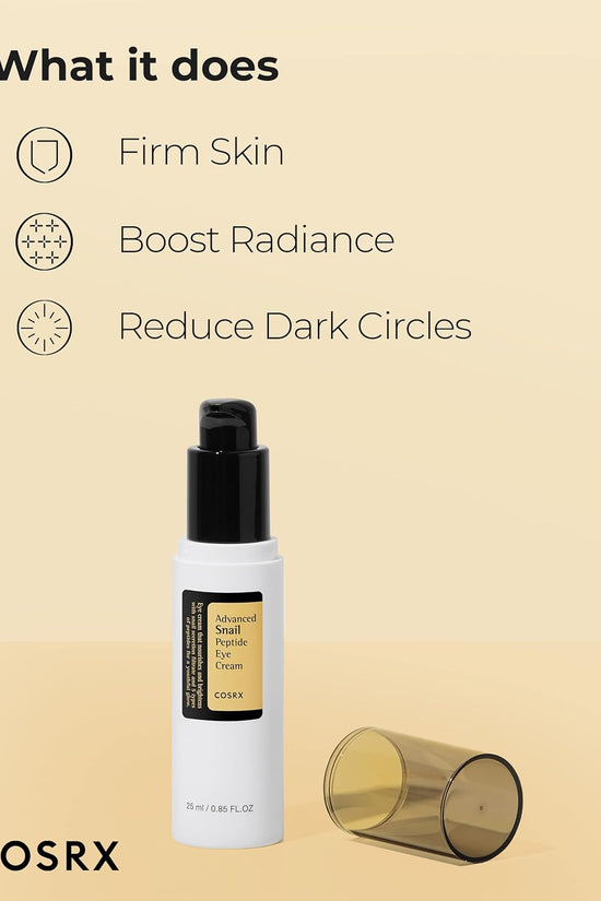 COSRX Snail Eye Cream for dark circles in a sleek pump bottle, designed to brighten and firm skin.
