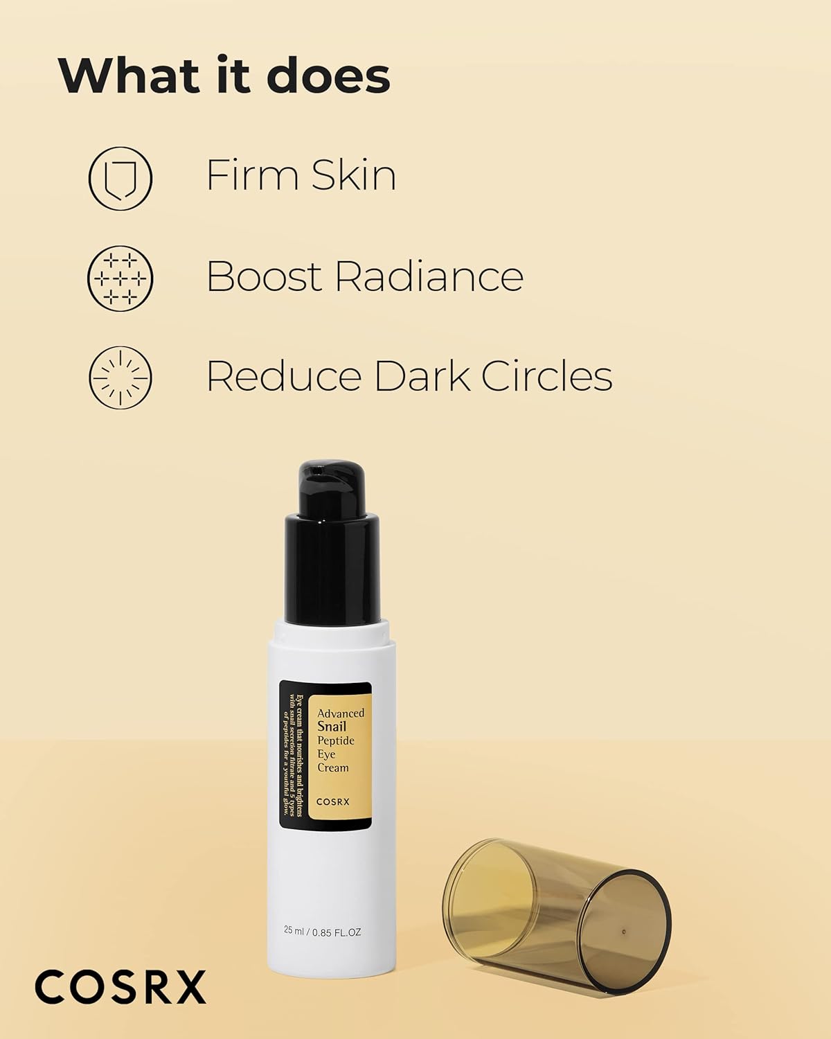 COSRX Snail Eye Cream for dark circles in a sleek pump bottle, designed to brighten and firm skin.