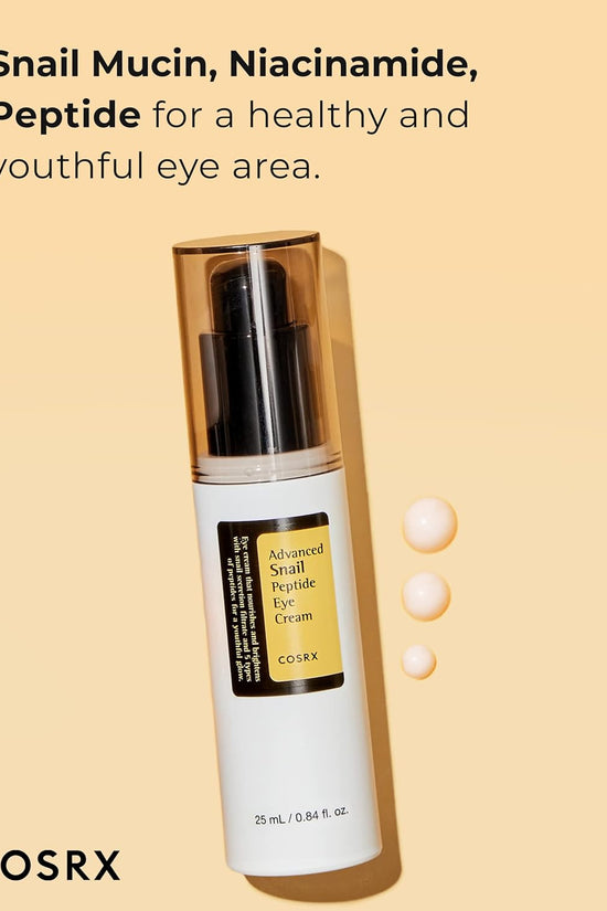 COSRX Snail Eye Cream for dark circles in a pump bottle with snail mucin and niacinamide for brightening skin